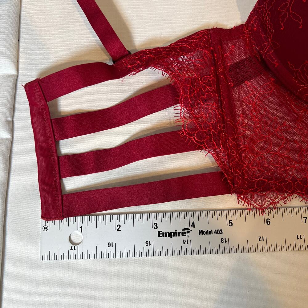 Victoria’s Secret Balconette Bra 32C Strappy Red Lace Long Line Corset Push Up - Picture 9 of 11